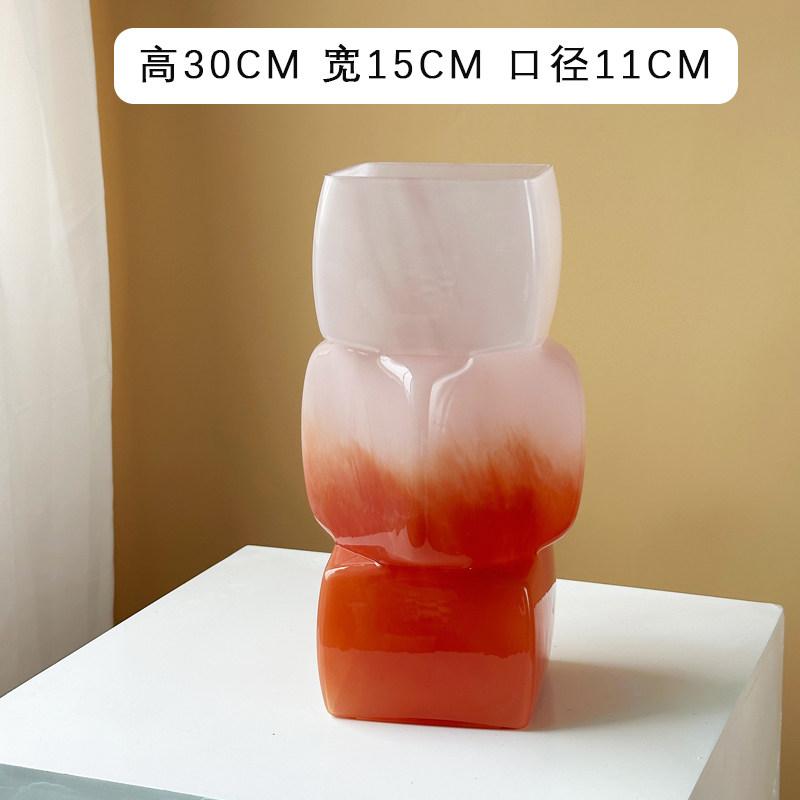 

Handmade Chinese Pink Glass Vase with Square Mouth,Dopamine Decor Table Centerpiece for Living Room Office, Art Glass Flowerpot