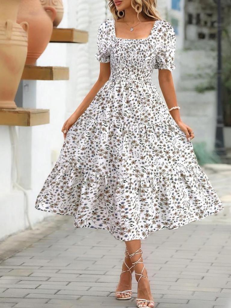Floral Square Collar Ruched Waist Bubble Sleeve Layered Dress Sweet Style Dress