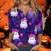 Women's Halloween Printed V-Neck Short Sleeve Tunic with Button and 3/4 Sleeves for Casual Fall Wear
