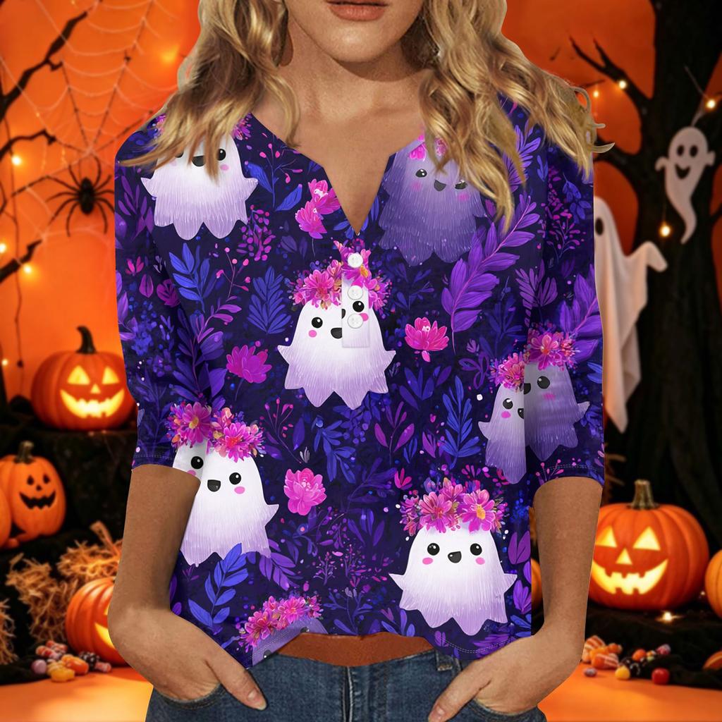 Women's Halloween Printed V-Neck Short Sleeve Tunic with Button and 3/4 Sleeves for Casual Fall Wear
