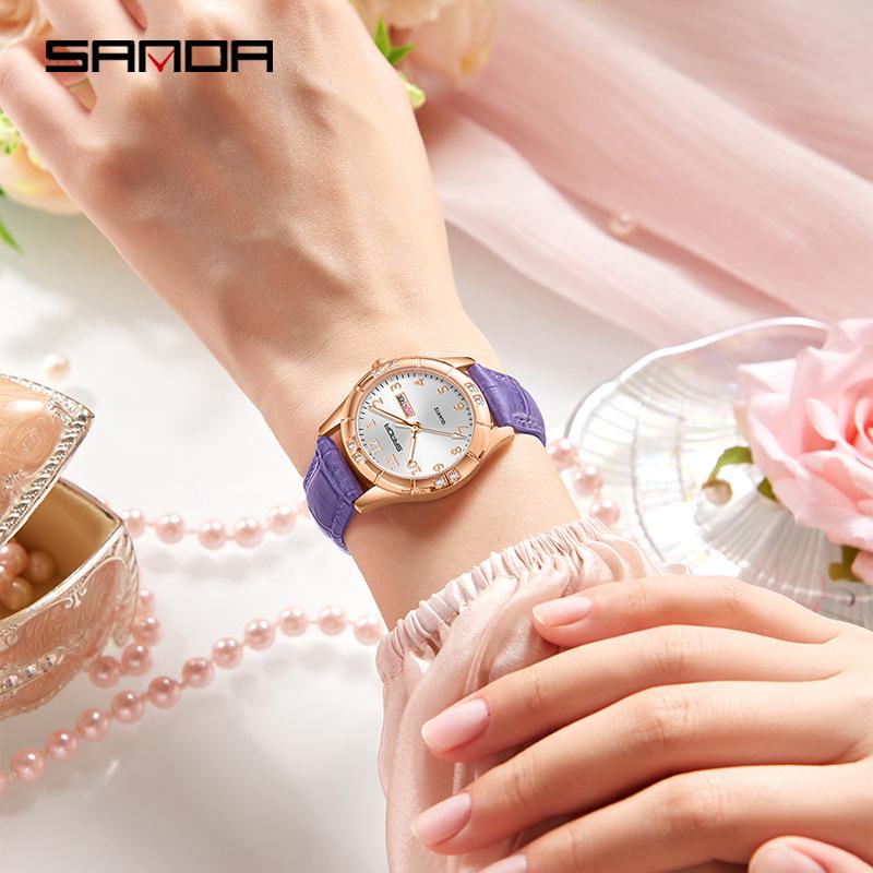 Sanda Junior High Student Retro Quartz Watch - Luminous, Dual Calendar, Waterproof, Sun Pattern, Fashionable Women's Style