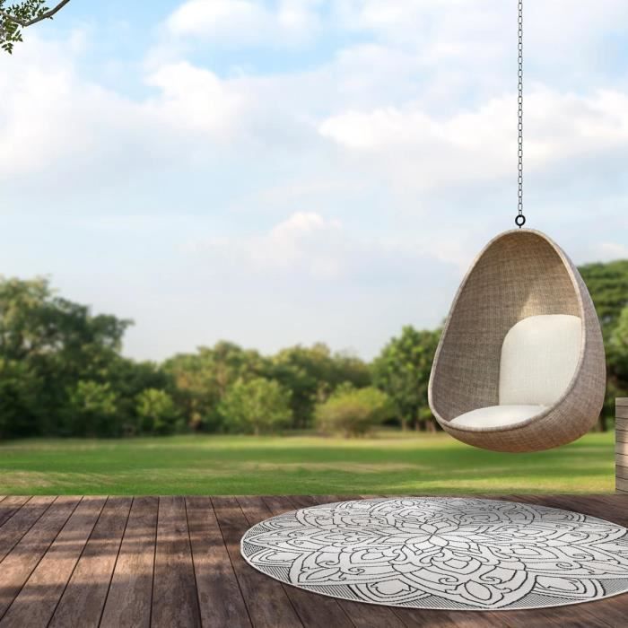 Tapis exterieur 240x240 cm Rond ROSACE REVERSIBLE Gris Terrasse, jardin adapté au chauffage par le sol 240x240 rond