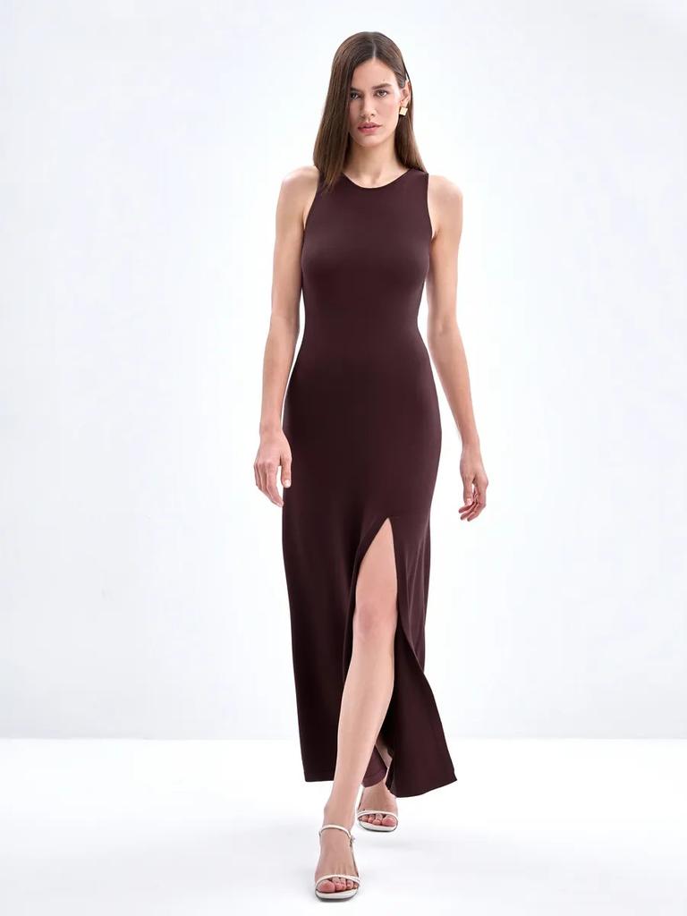 2026 Fall Winter Women Long Sweater Dress Elegant Slit Bodycon Sleeveless Tank Dress Versatile Knit Midi Dress