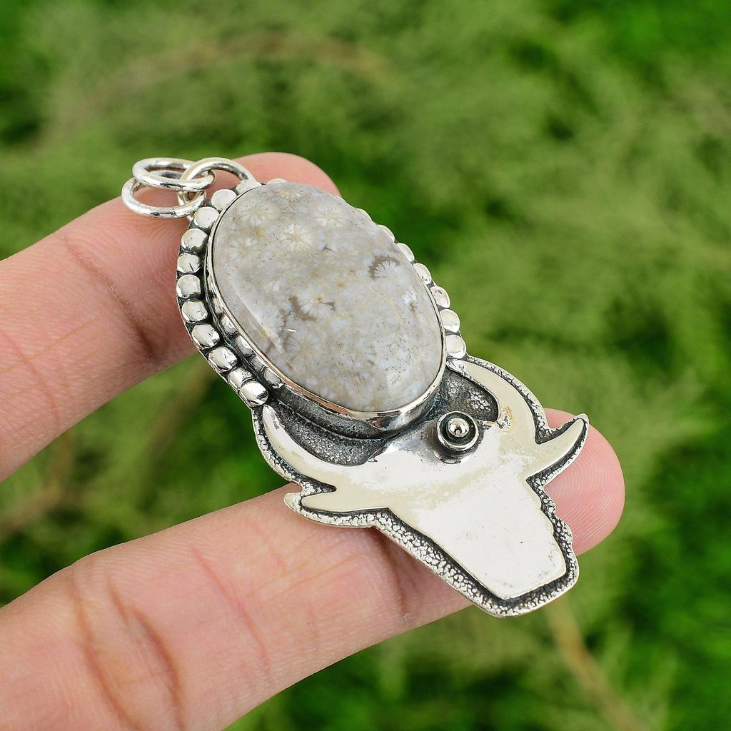 Natural Fossil Coral Sterling Silver Bezel Handcrafted Unique Pendant Jewelry