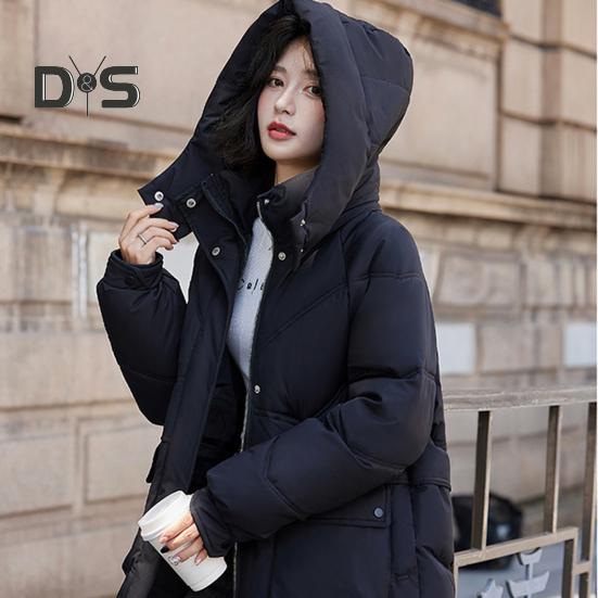 Winter Down Coat Neck Protection Stand Collar Padded Hooded with Pockets Zip-up Parka Windproof Heat Retention Daily Cold Weather Outwear Cotton