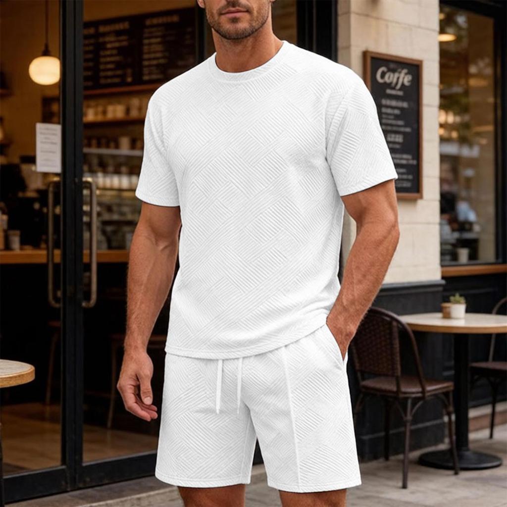 Men's Summer Crew Neck T-Shirt and Shorts Set Two-Piece Casual Sportswear Lightweight Breathable Fabric Suitable for Outdoor Activities