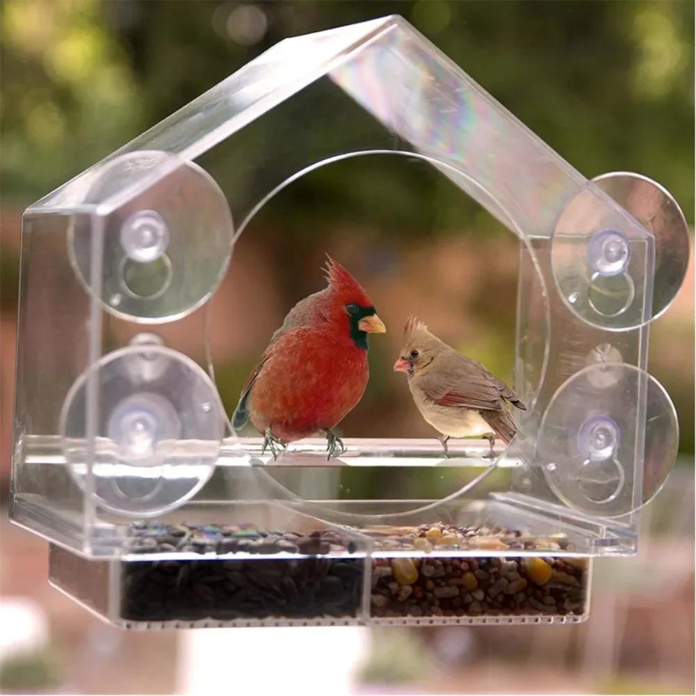 Acrylic Clear Glass Window Birds Hanging Feeder Birdhouse Food Feeding House Table Seed Peanut Suction Cup