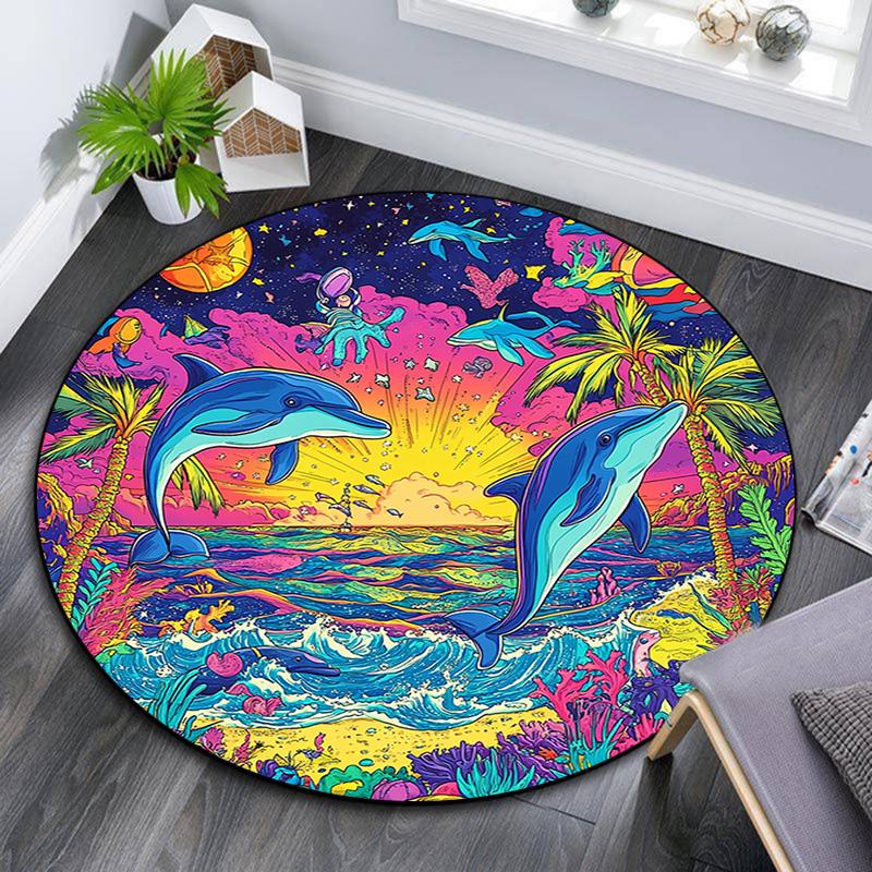 Dolphins Sunset Round Area Rug,Carpet Rug for Living Room Bedroom Sofa Playroom Decor,Non-slip Floor Mat