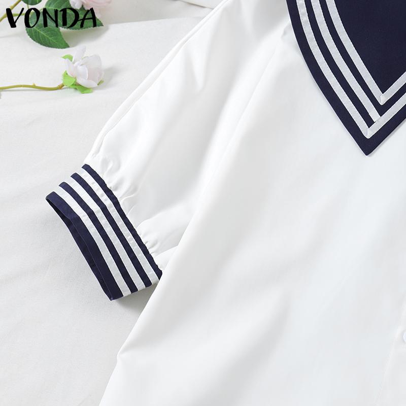 VONDA Damen Matrosenkragen Schleife Kurzarm Gestreift Knöpfe Bluse College-Stil