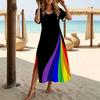 Women Fashion Round Neck Colorful Splicing Printed Short Sleeve Side Slit Dress Casual Vacation Dress Long Loose Dress