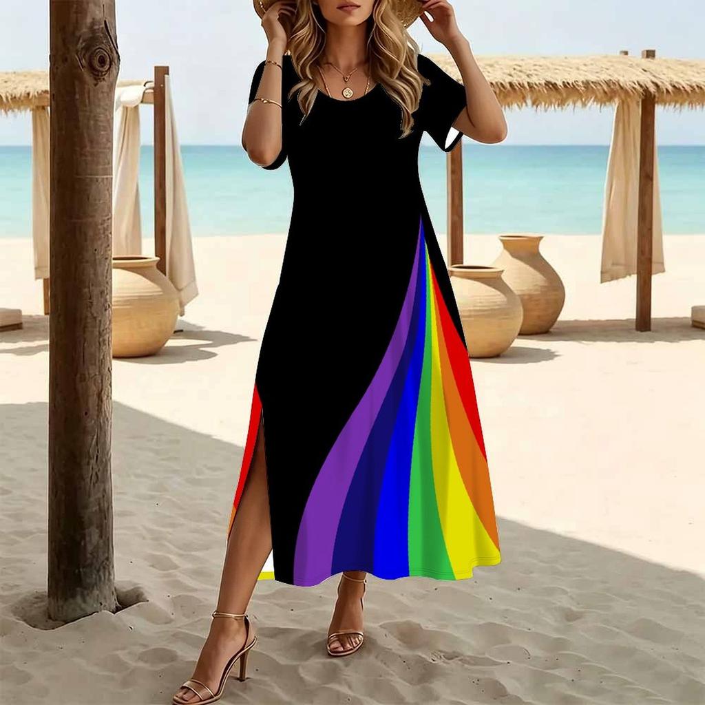 Women Fashion Round Neck Colorful Splicing Printed Short Sleeve Side Slit Dress Casual Vacation Dress Long Loose Dress