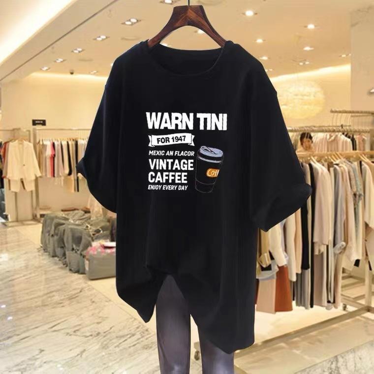 

2025 new medium and long heavy cotton short-sleeved large T-shirt women s summer loose Korean version half-sleeved top ins tide XXXL чорний