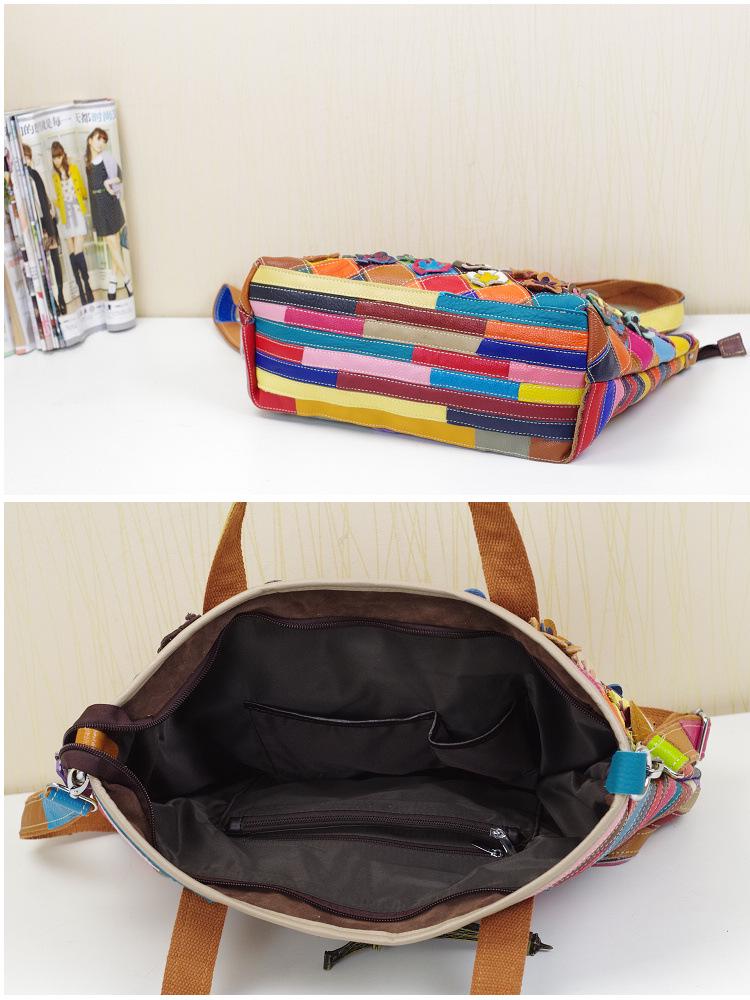 New Genuine Leather Ethnic Style Color Block Shoulder Tote Bag for Women