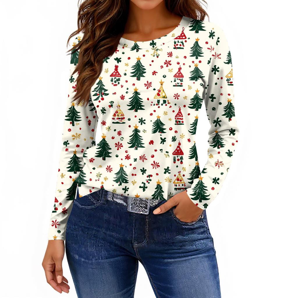 Women's Fashion Casual Slit Hem Round Neck Long Sleeve Loose Printed T-Shirt Ladies Top