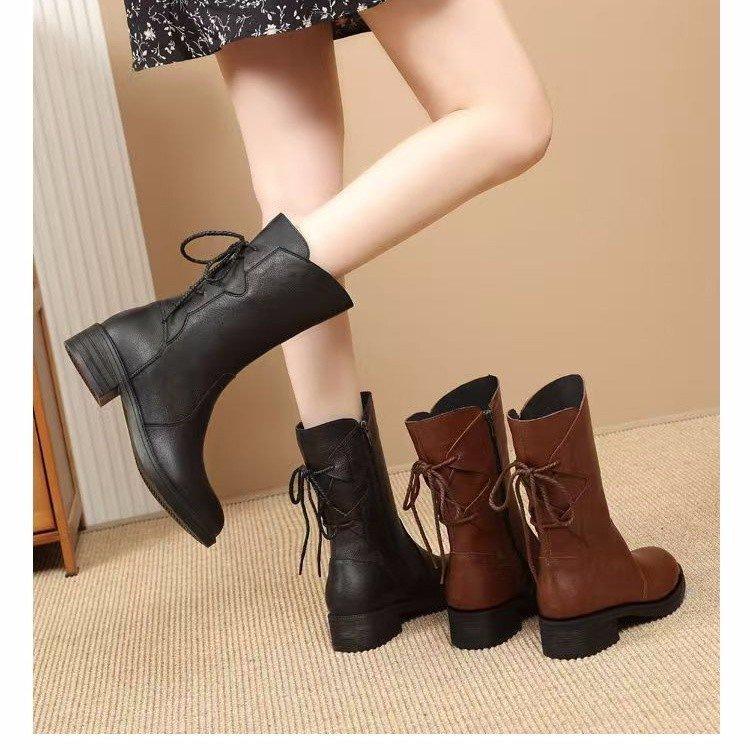 Soft leather Martin boots thickened new medium boots women's 2025 autumn and winter velvet warm medium heel thick heel women's cotton shoes