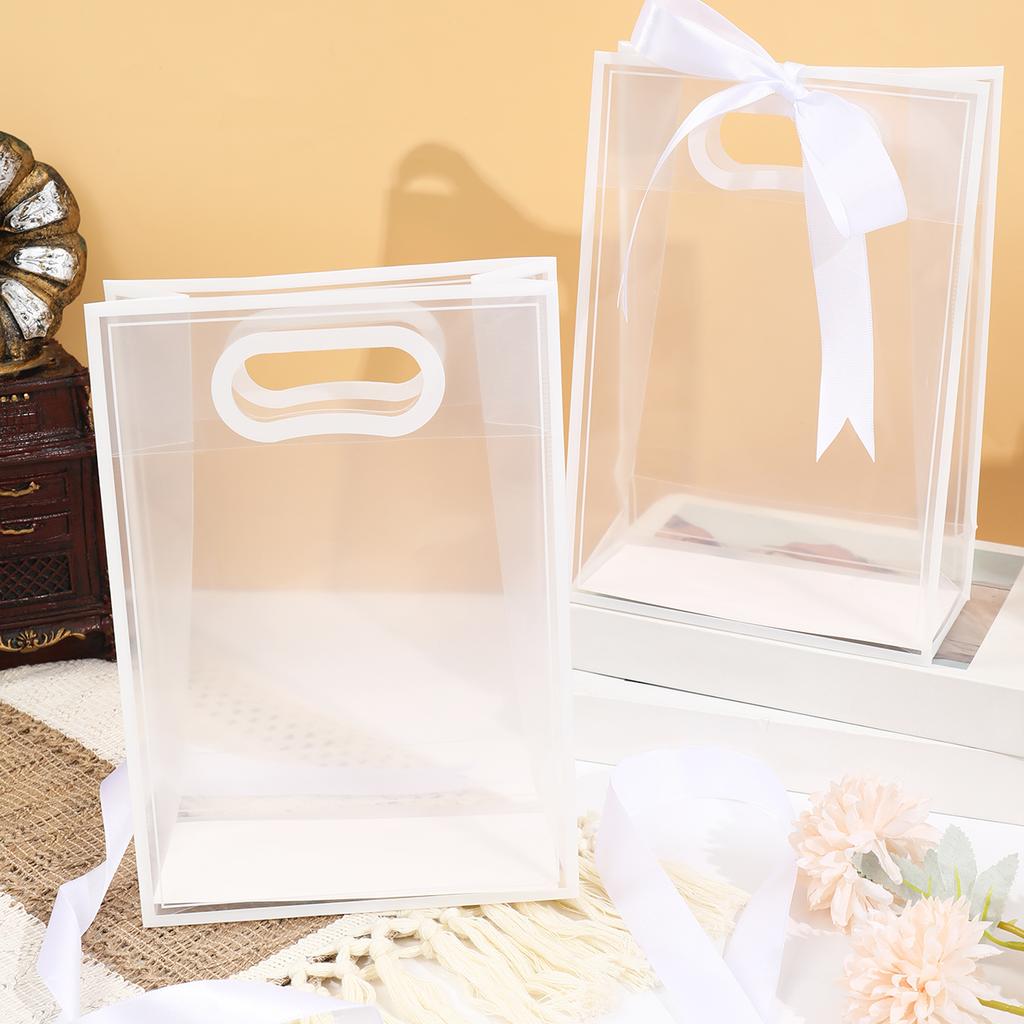 10Pcs Clear Plastic Gift Bag with Die Cut Handles Reusable PP Flower Bag with Ribbon for Wedding Bridal Birthday Party Business