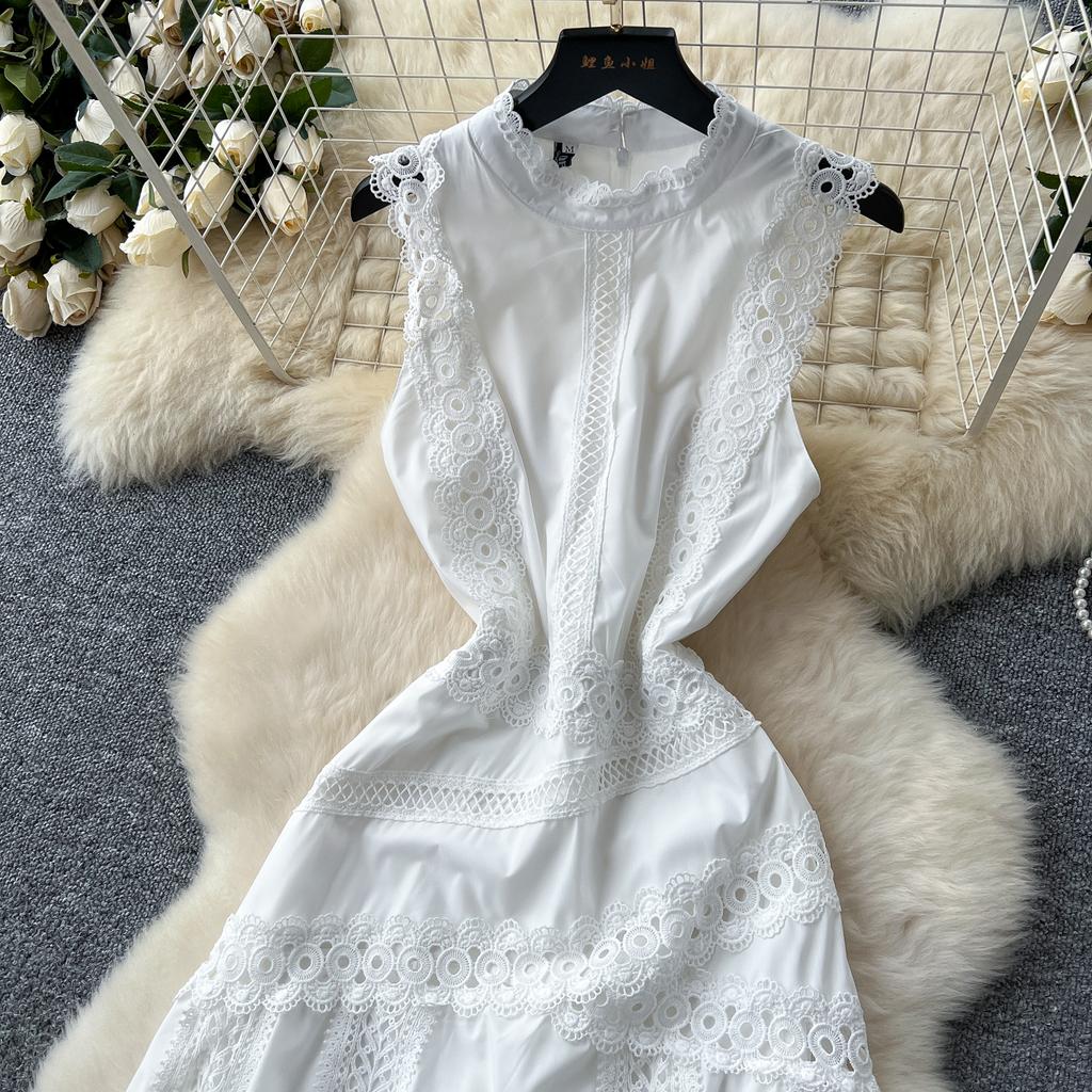 Summer Women Elegant Sleeveless Hollow Out Embroidery Lace Patchwork Long Maxi Slim Party Dresses