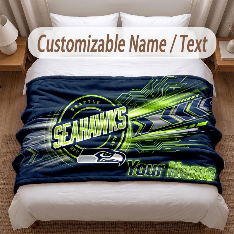 Seattle Seahawks Printed Flannel Blanket Custom Name Text Soft Warm Throw For Bedroom Holiday Gift