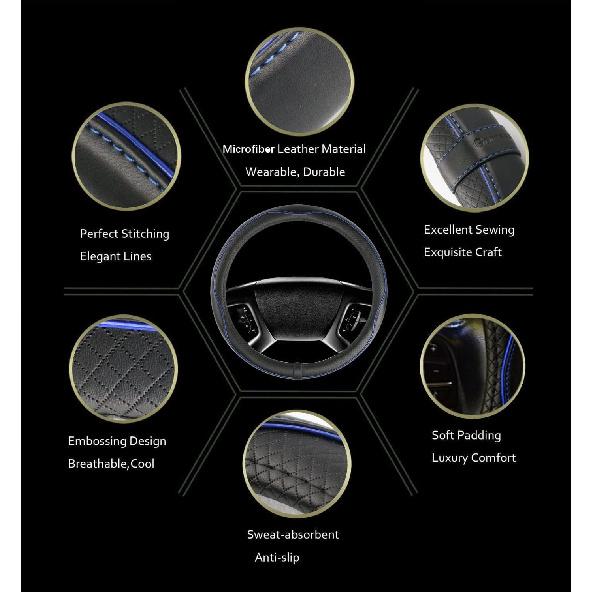 Microfiber Leather Car Medium Steering Wheel Cover,Universal Car Wheel Cover,Breathable Wheel Cover,Anti-Slip Full Surround,Sports Style Steering