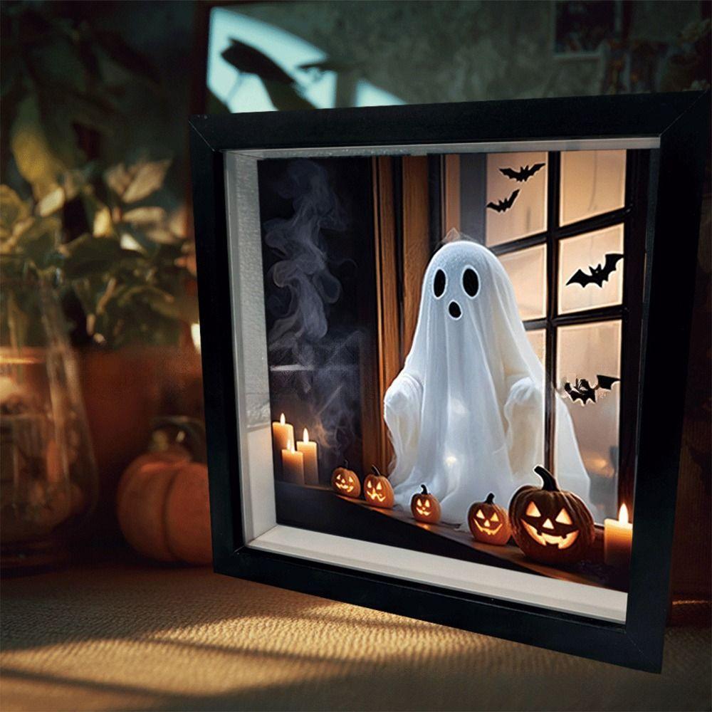 LED Halloween Night Light Wooden Ghost Painting Frame Lamp New Desktop Decor Ornaments  Gifts