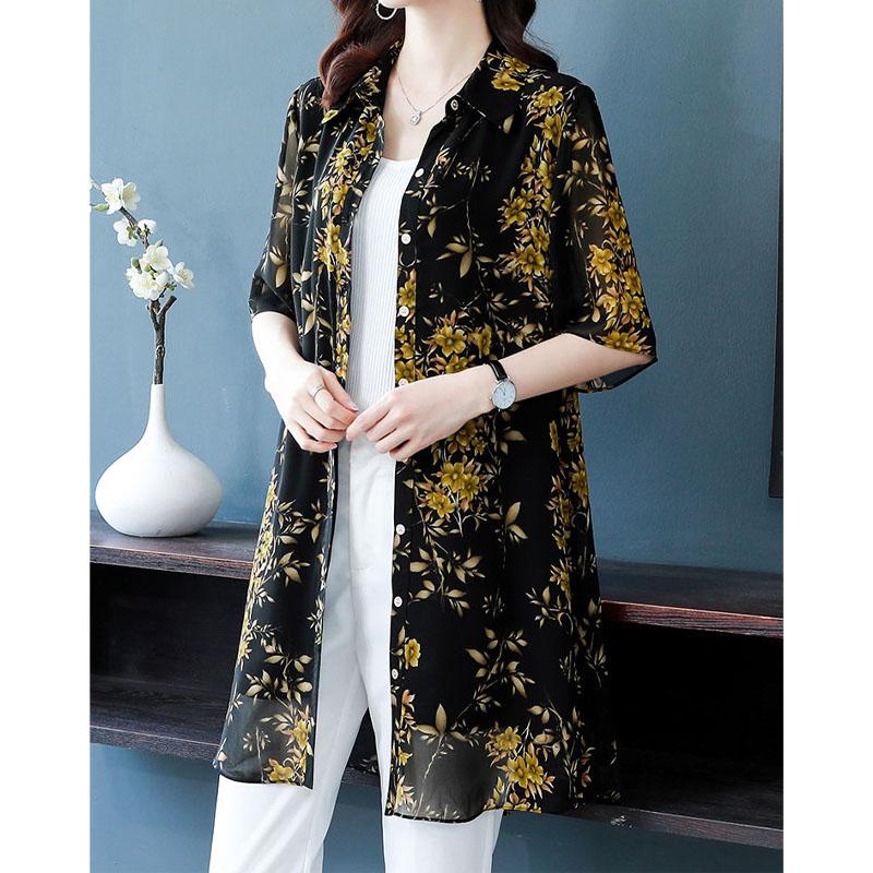 Neformální univerzální dámská tištěná šifonová košile Léto Nové dámské oblečení Volná móda Jednořadé S límečkem s klopami