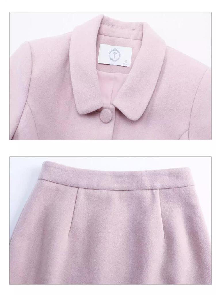 AD Korean Style Women's Stand-Up Collar Coat & Pink Wool Skirt Set, 2025 Winter Collection