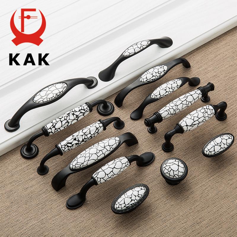 KAK Black Emboss Wardrobe Door Handles Marble Ceramic Cabinet Handles Drawer Knobs American Style Furniture Hardware Pulls