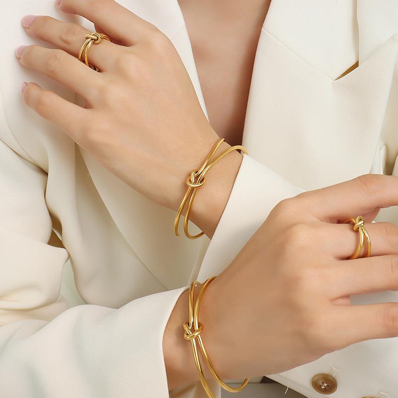Double-Layer Titanium Steel Twisted Knot Open Ring Bracelet
