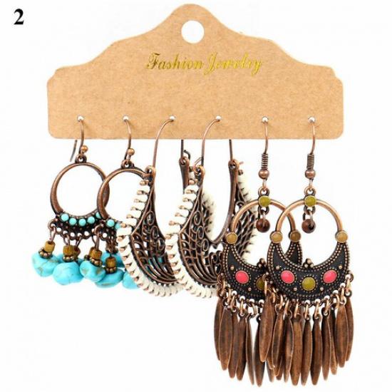 3 Pairs Boho Gypsy Earrings Tribal Ethnic Tassel Turquoise Ear Hook Drop Dangle₊