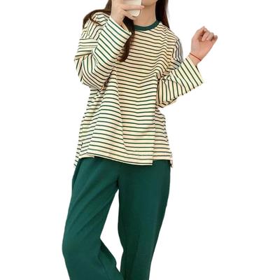 Moerstar Loungewear Langarm Oberteil und Hose mit Lockerem Set Ein Damen-Set, Körbchen, Lässig, Passform, Süß, 2-teilig (JP, Alphabet, Größe, Grün)