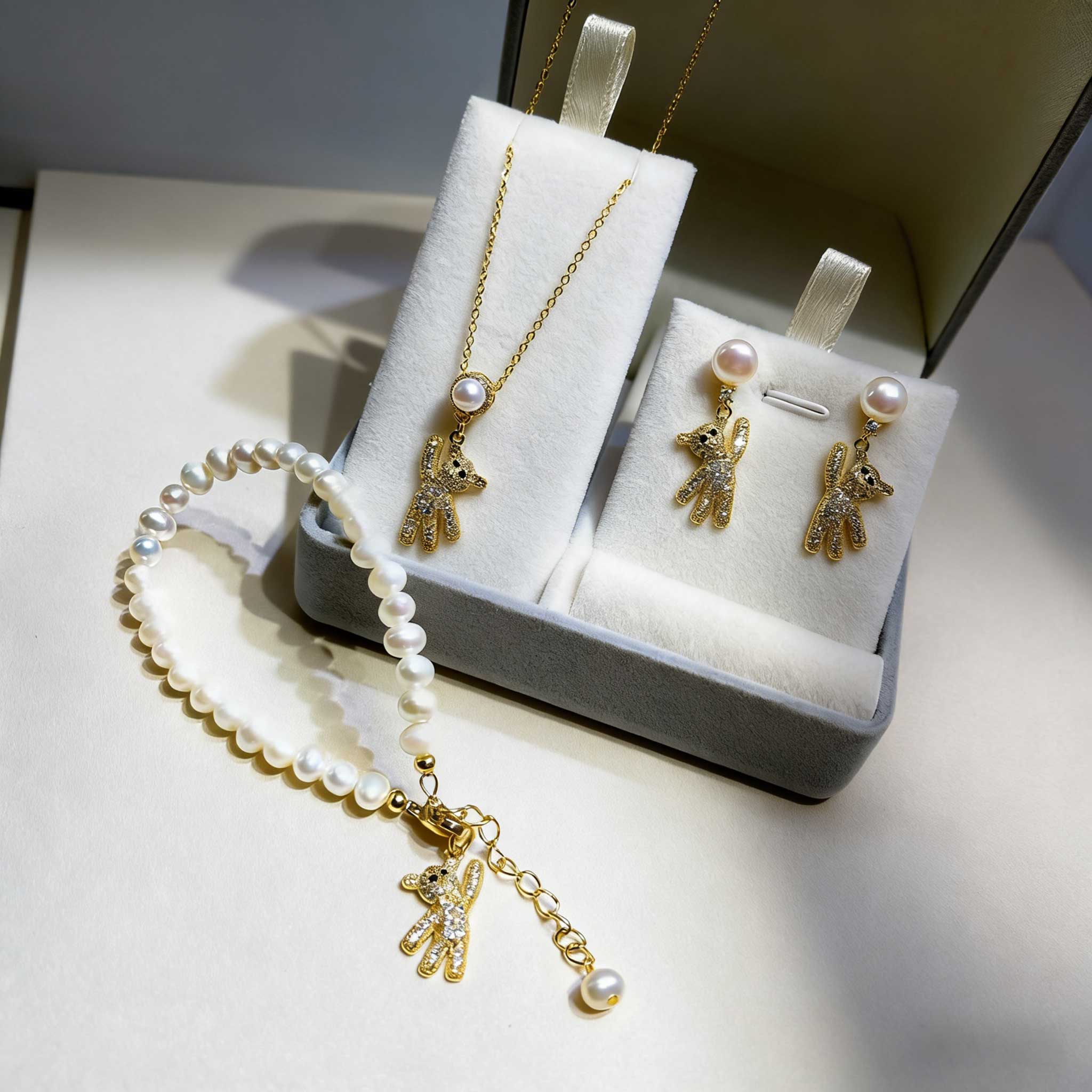 3Pcs Sparkly Bow Bear Jewelry Set - 14K Gold Freshwater Pearl Earrings Necklace Bracelet, Cute Crystal Gift Box for Women Girls