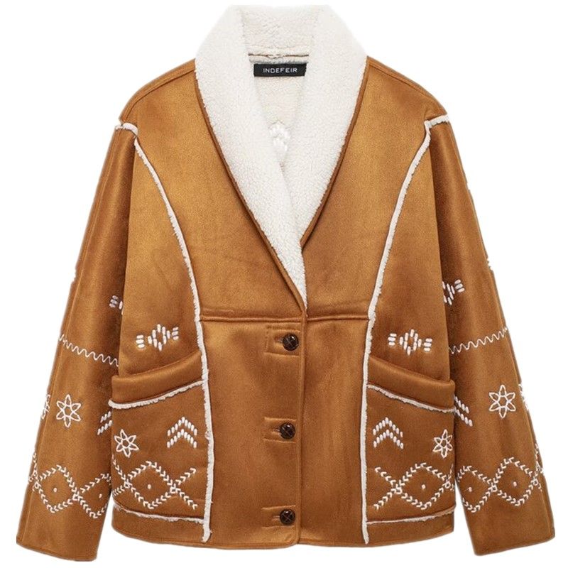 

Western Style 2024 Autumn and Winter New Women clothes Design Versatile Loose Long sleeve Slimming Embroidery Coat Outerwear Brown L