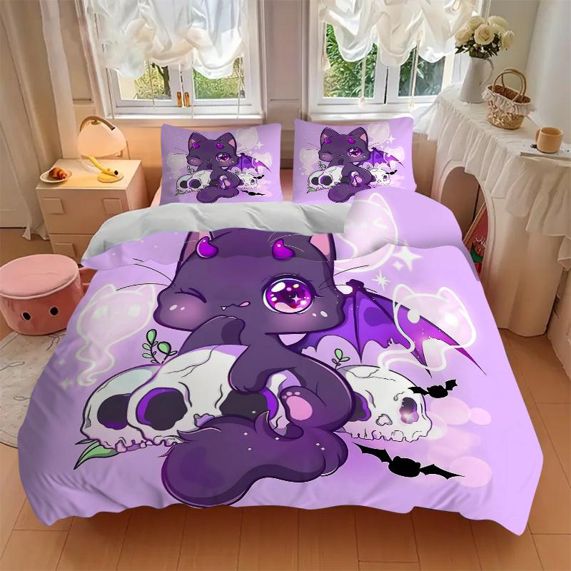 3pcs Kitten & Skeleton Bedding Set 1 Soft Quilt Cover + 2 Pillowcases,  Suitable for All Seasons N062