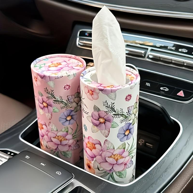 2Floral Car Tissue Holder in Roll Form - Cylindrical pink floral pattern tissue holder Car seat hand towel Contains facial tissues Car tissue Pink+White-2Volume