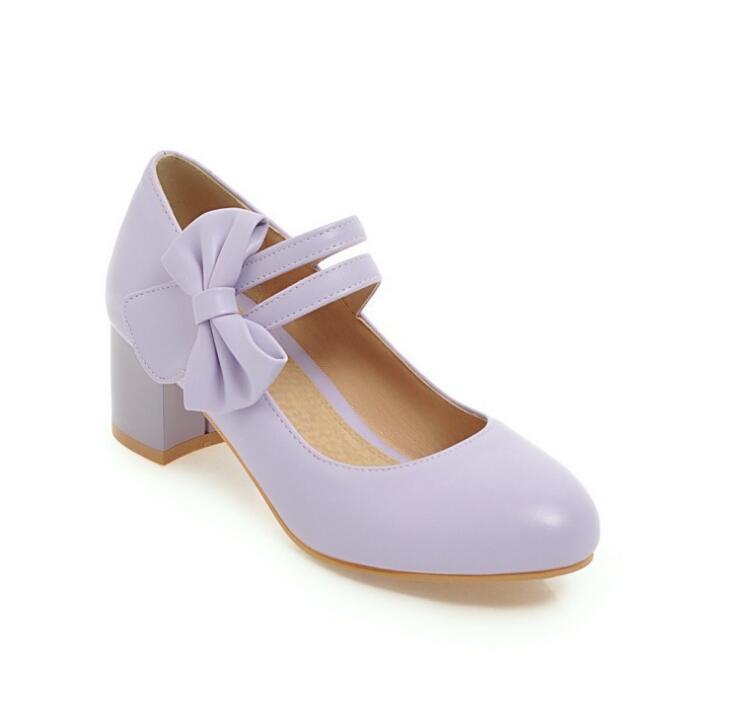 Girls Leather Shoes Lolita Shoes Mary Jane Pumps For Women High Heels Pink Bow-knot Block Heels Shoes Wedding Bride Pumps 31-43