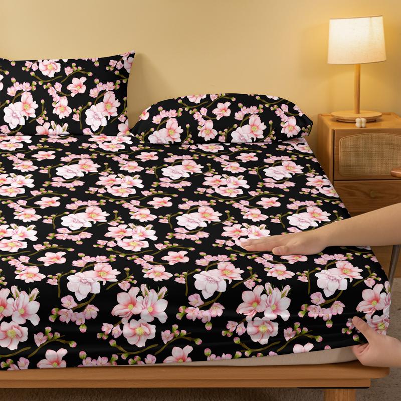 1 Simple Modern Plant Flower  Printed Matte Fitted Sheet, Bedroom Printed Bed Cover, Bedding (Excluding Pillowcases)