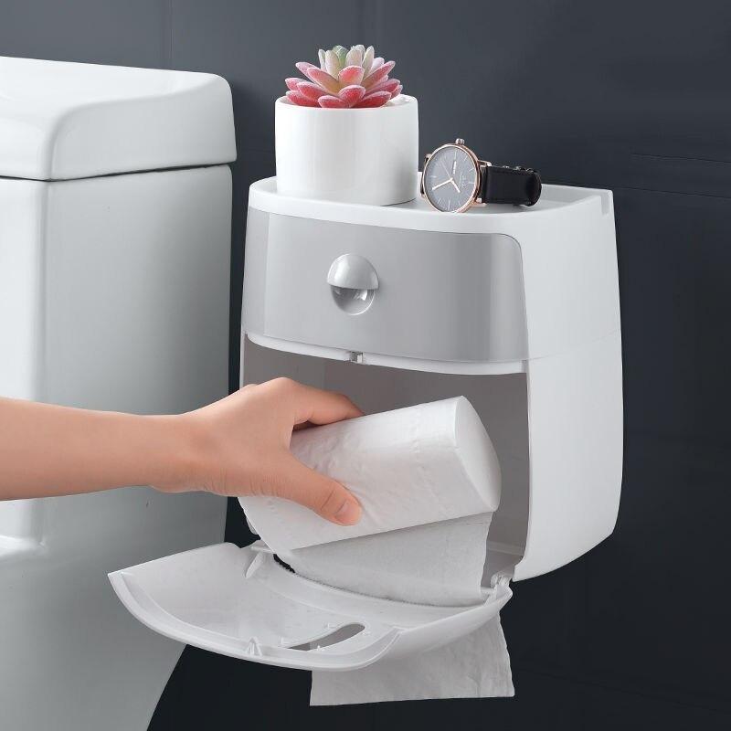 Soporte de pañuelos para el baño, caja de papel higiénico montada en la pared, estante de almacenamiento de papel en rollo impermeable, estante organizador de doble capa con cajón