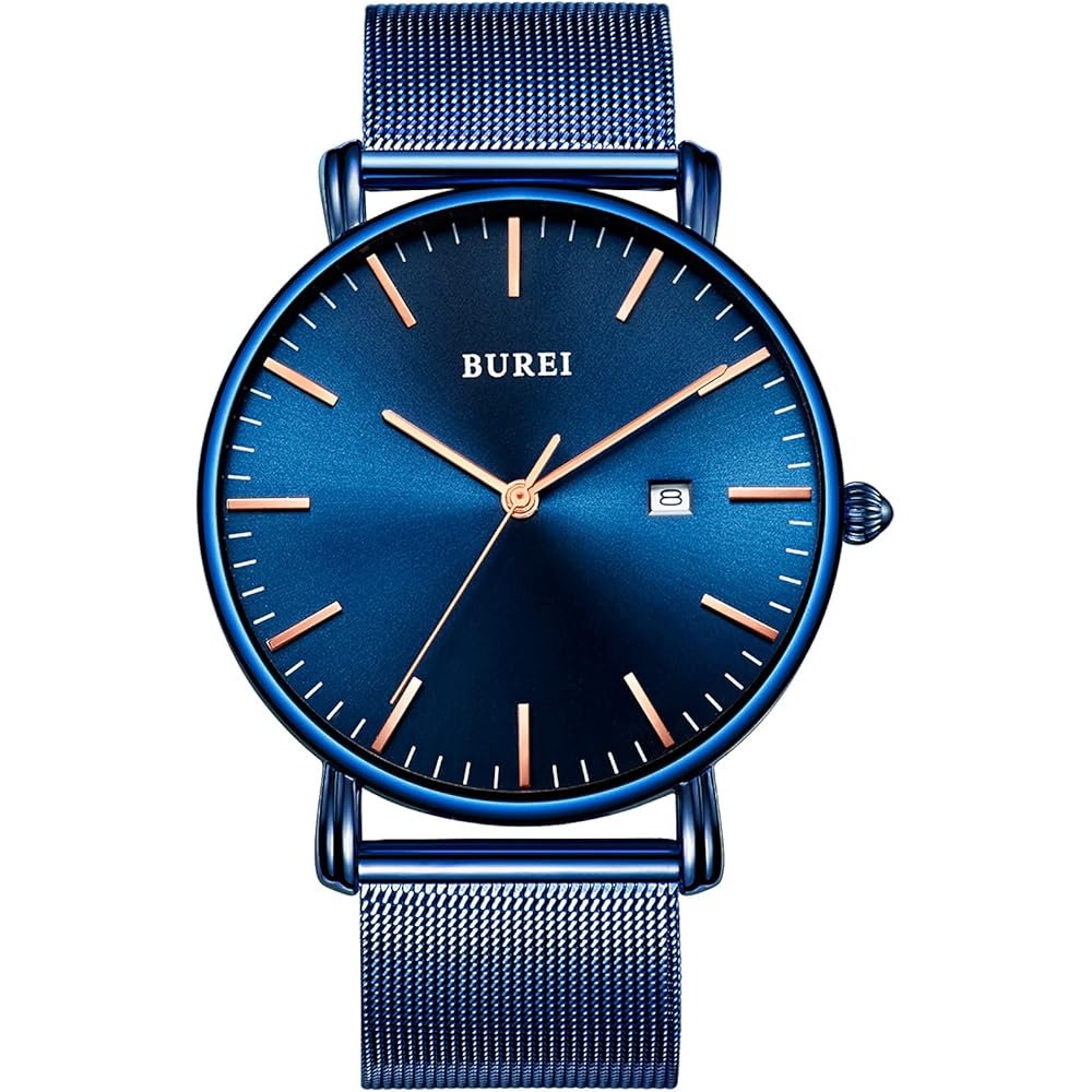 BUREI Minimalist Men s Analog Watch Waterproof Business Milanese Mesh Band Blue