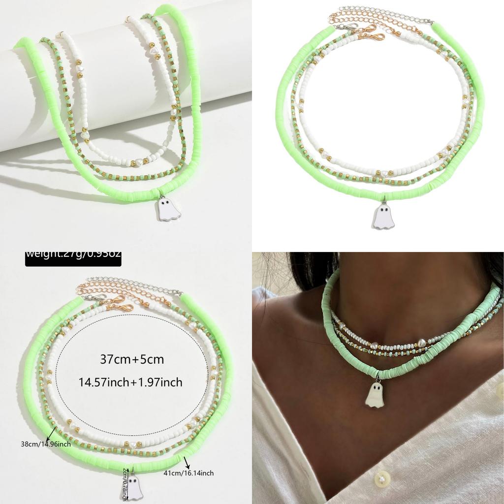 Halloween Hängsmycke Halsband Med Tecknade Spökpärlor Och Flerlagersdesign För Kvinnor