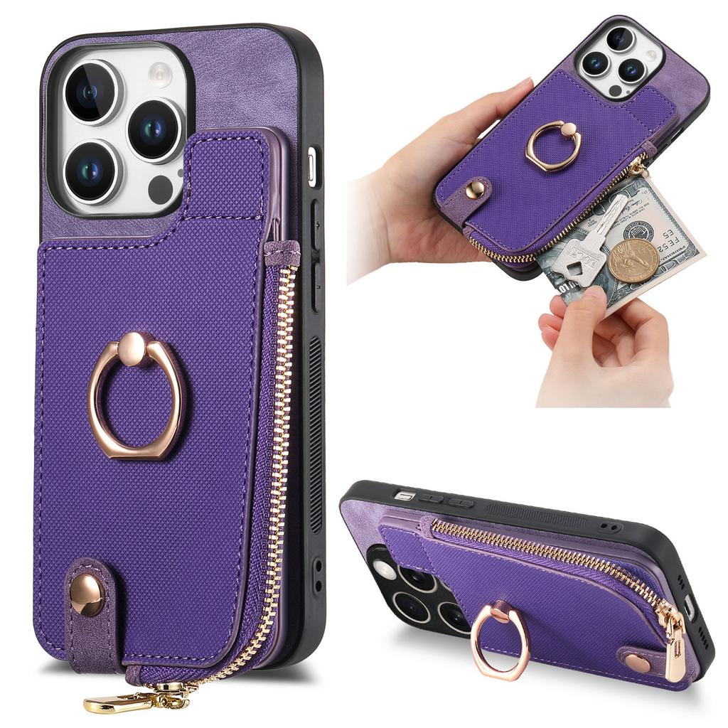 For iPhone 16 Pro Case Zipper Pocket Kickstand Leather Phone Back Cover