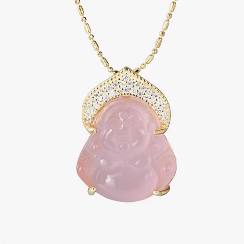Hibiscus Pink Imitation Jade Laughing Buddha Pendant Necklace - Light Luxury, High-End Pink Crystal, Maitreya Buddha Design.