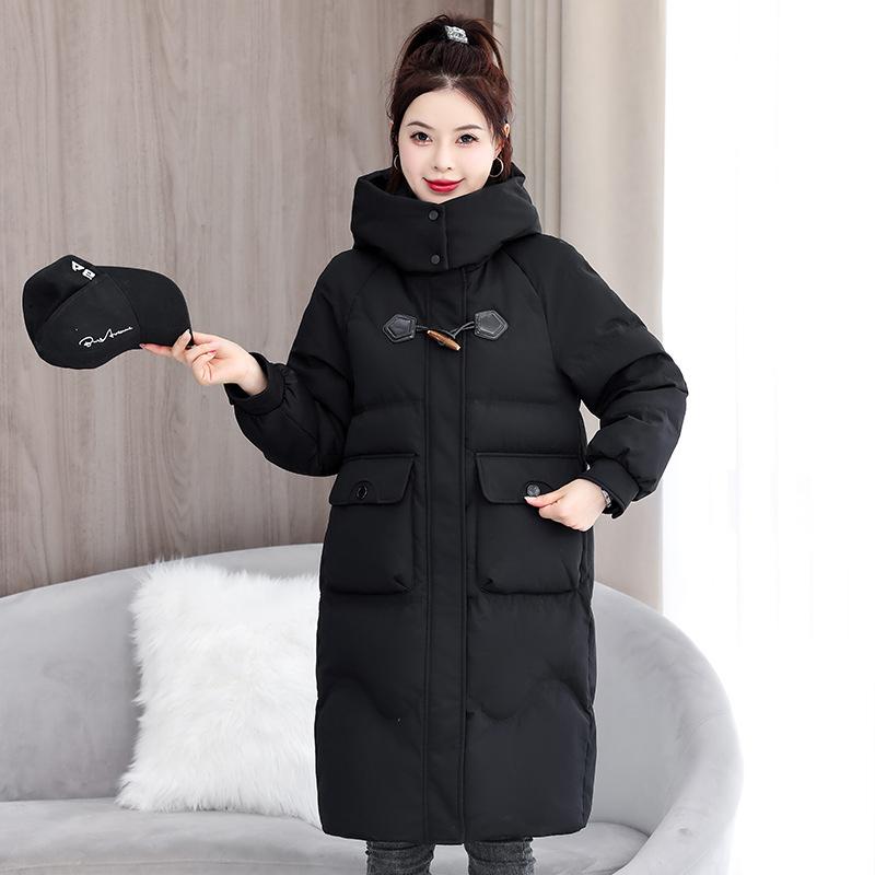 Autumn and Winter Women's Coat Horn Button Hooded Mid-length Loose Coat Thickened Warm Women's Jacket