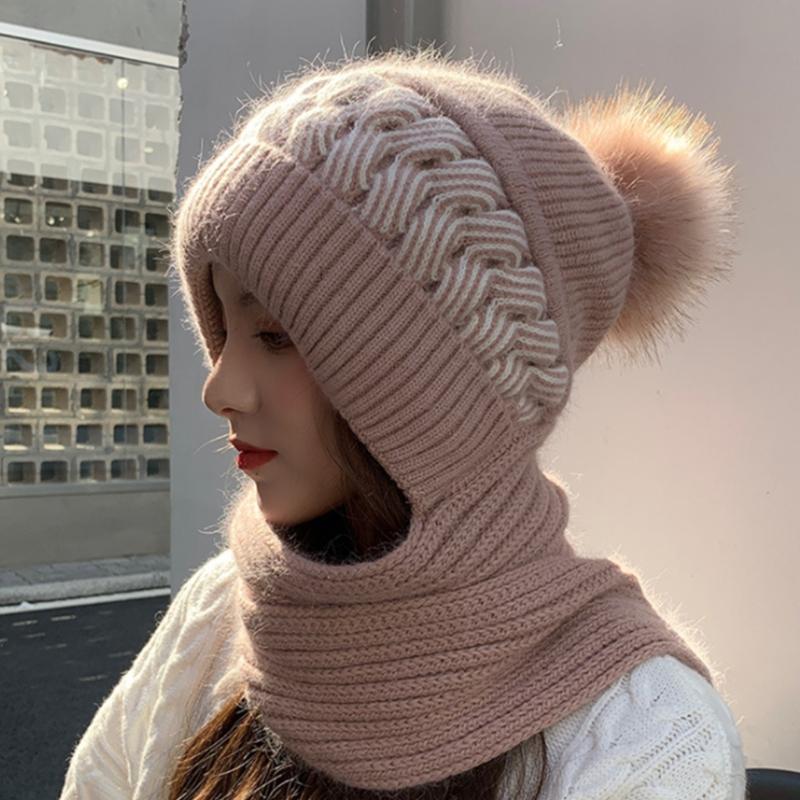 Korean Style Hat Scarf Set Women Winter Warm Cycling Ear for Protection Windproof Knitted Wool Pullover Cap Scarf for Wo