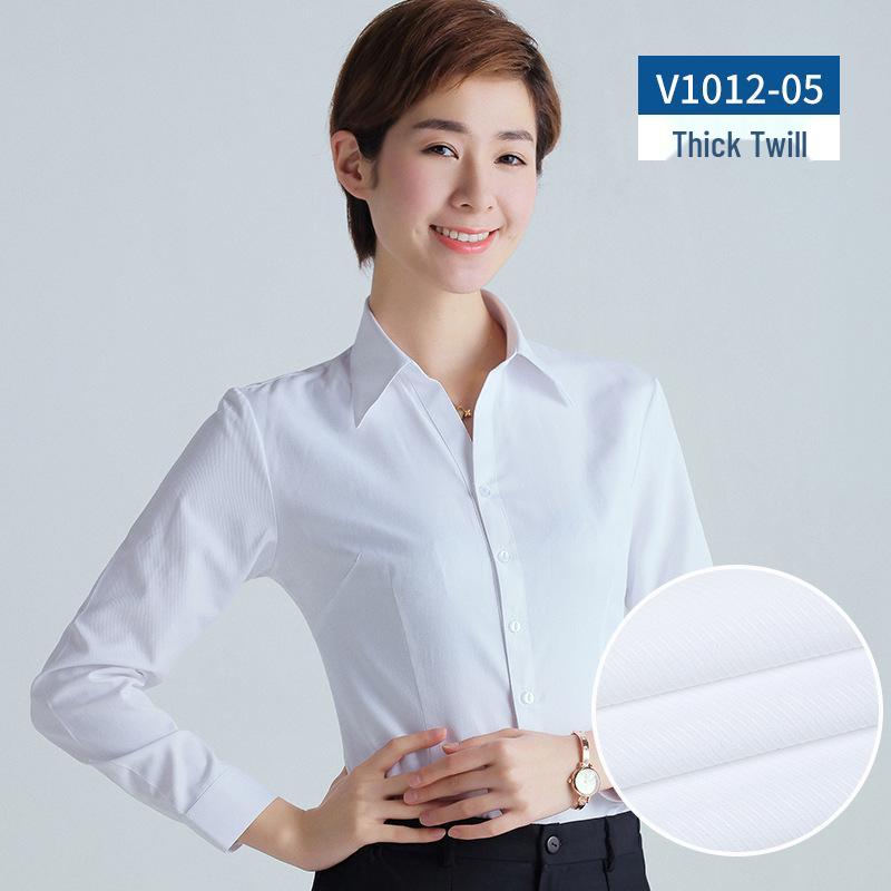 Women's 2025 Long-Sleeved White V-Neck Cotton Shirt - Slim Fit Professional Wear
