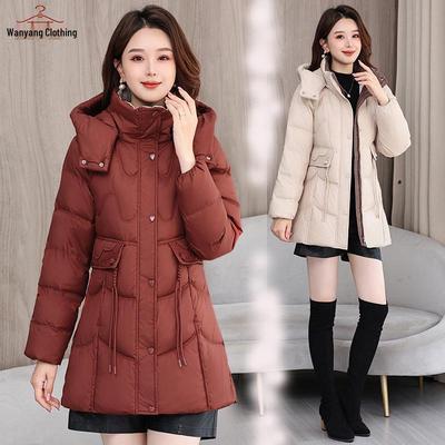 Women's Mid-Length Hooded Lace Pocket Down Jacket - 2025 Winter Slim Fit White Duck Down Coat