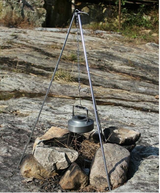 Portable Silver Aluminum Tripod Stand with Combination Stove for Outdoor Camping & Hiking Firewood Fuel Cooking & Grilling