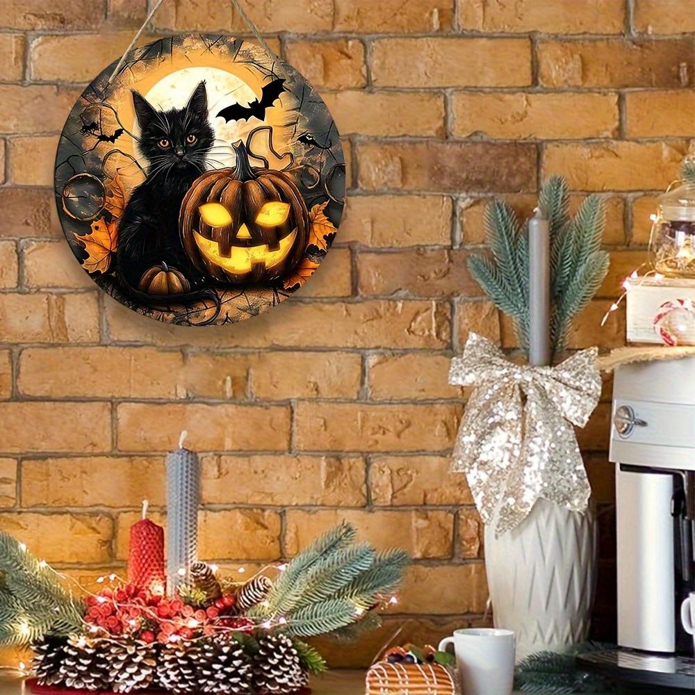 2d Flat 20*20cm, Halloween Home Decoration, Pumpkin Black Cat Wooden Circular Logo, for Home, Kitchen, Garden, Bedroom, Bar Decor.