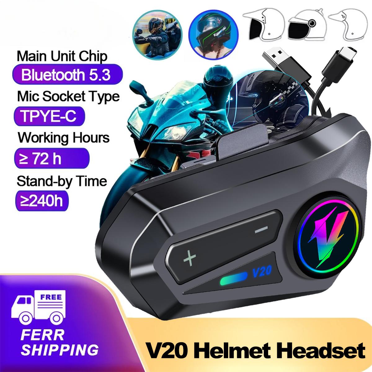 

Гарнитура для шлема V20 Motorcycle Bluetooth 5.3, водонепроницаемая, звонки по громкой связи, MP3-плеер, шумоподавление, IPX6