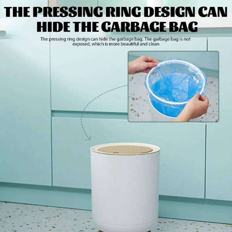 Trash Can with Lid – High Foot Press Dustbin, Wooden Grain Waste Bin for Kitchen, Toilet, Living Room, Office, Hotel