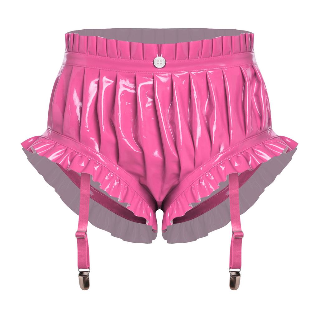 Slip da Donna in Ecopelle con Bordi Arricciati Pantaloncini Bloomer Pieghettati Clip per Reggicalze Lingerie Lucida